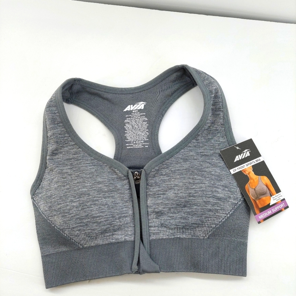 AVIA size S  Seamless ZIP Front Racerback SPORTS BRA  Wire-free LIGHT GRAY  Z21